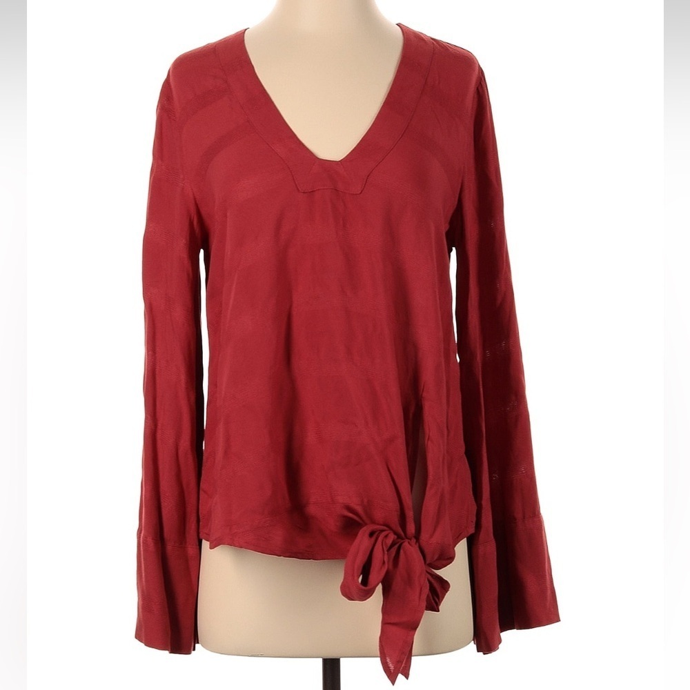 Free People Side Tie Bell Sleeve Deep Coral Rust V-Neck Blouse Size XS